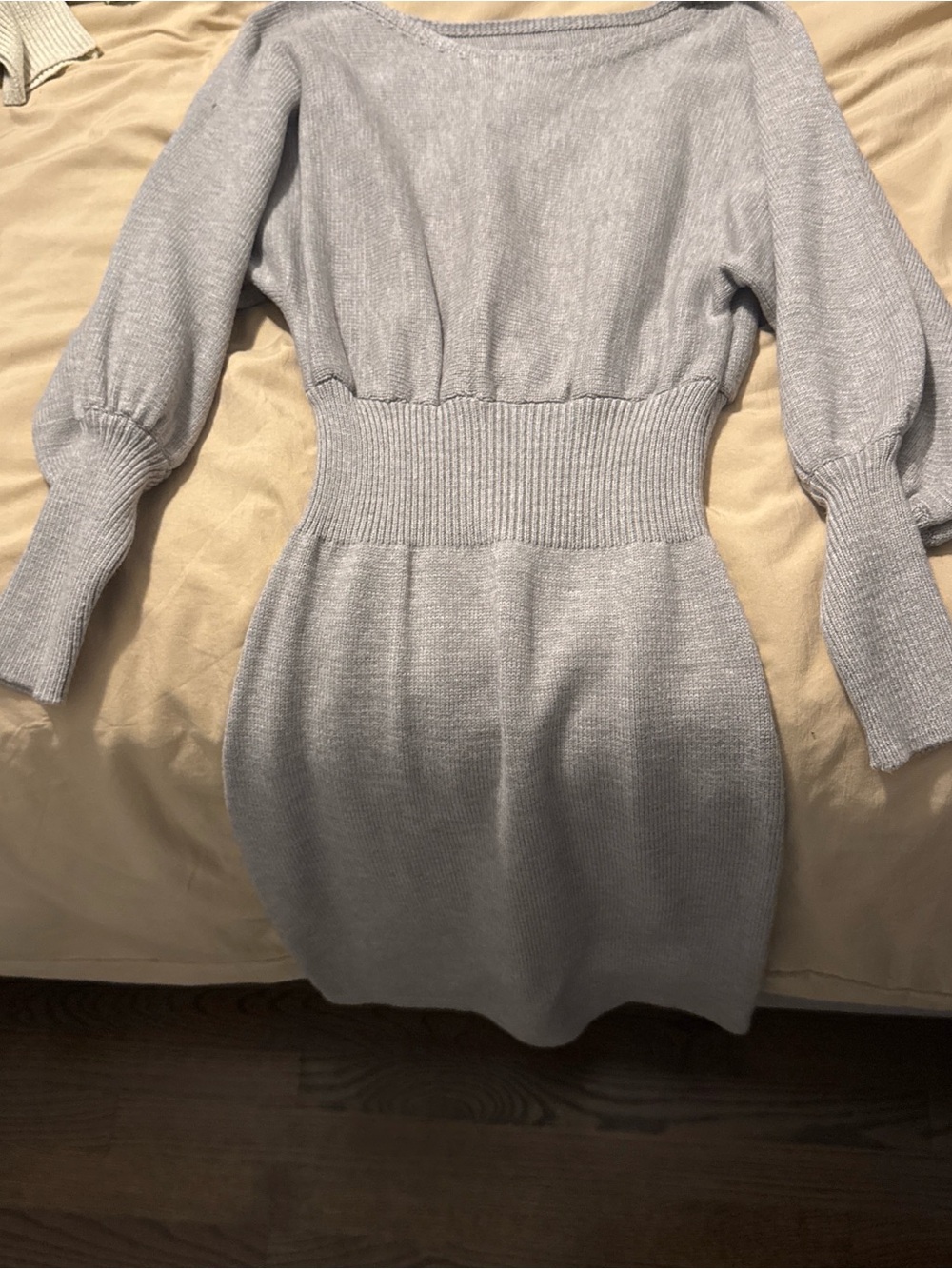 Light Gray Long-Sleeve Knit Waist-Detail Women’s Dress